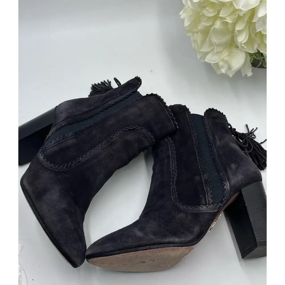 Aquazzura Firenze Black Gray Suede Tristan Fringe Ankle Bootie‎ Tassel 37.5,Sz 7